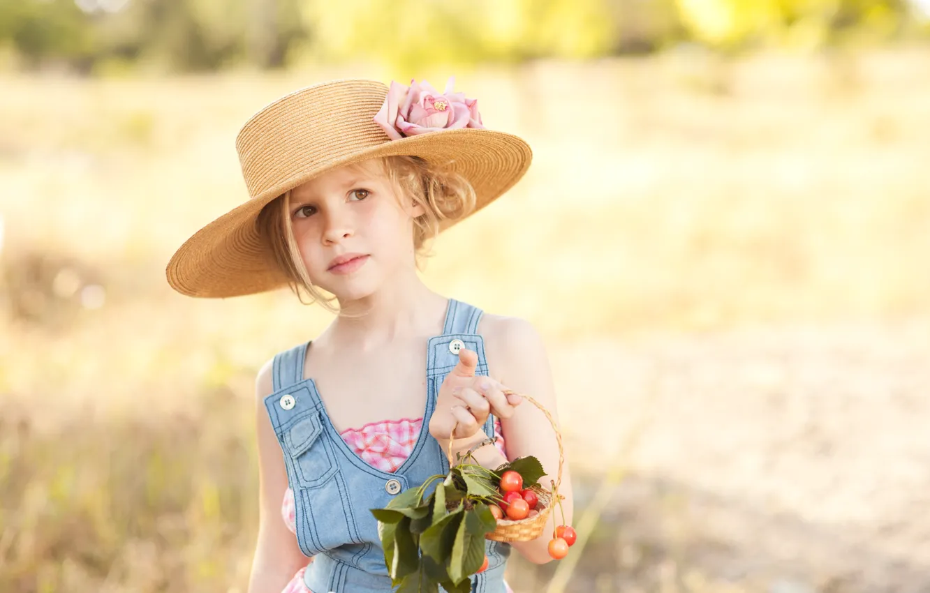 Photo wallpaper flowers, nature, berries, blonde, girl, hat, brown-eyed
