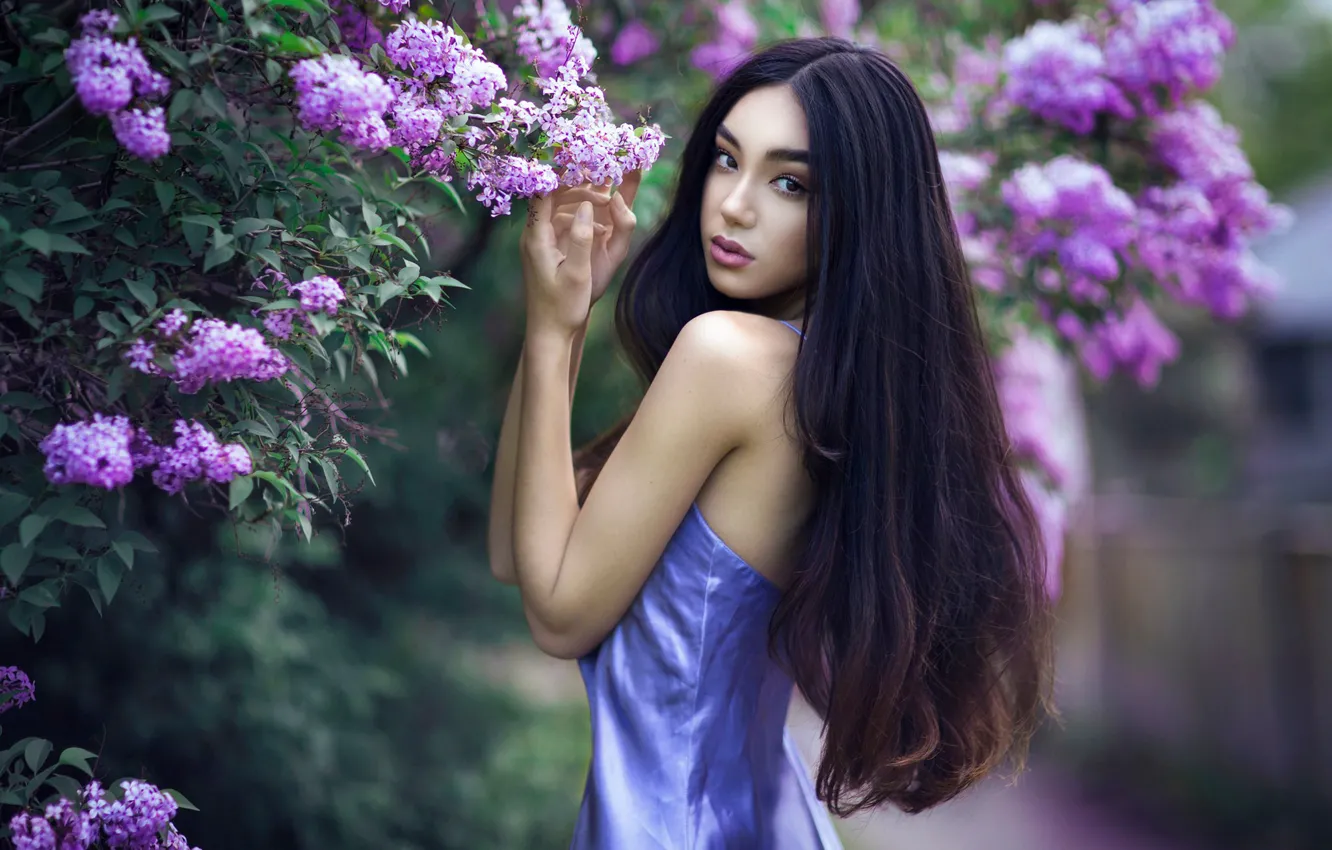 Photo wallpaper summer, girl, flowers, nature, dress, brunette, Asian, the bushes