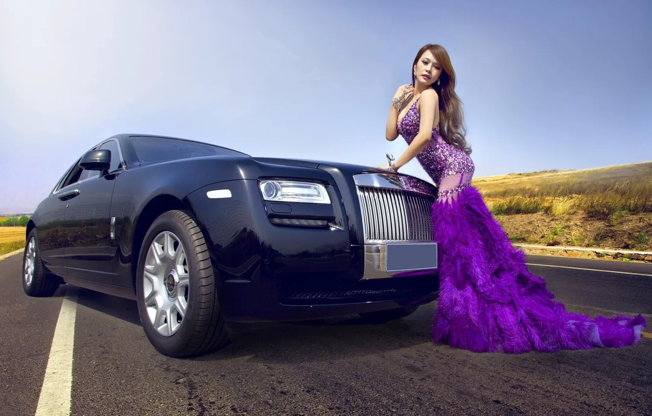 Photo wallpaper auto, look, Girls, Rolls-Royce, Asian, beautiful girl, posing on the car