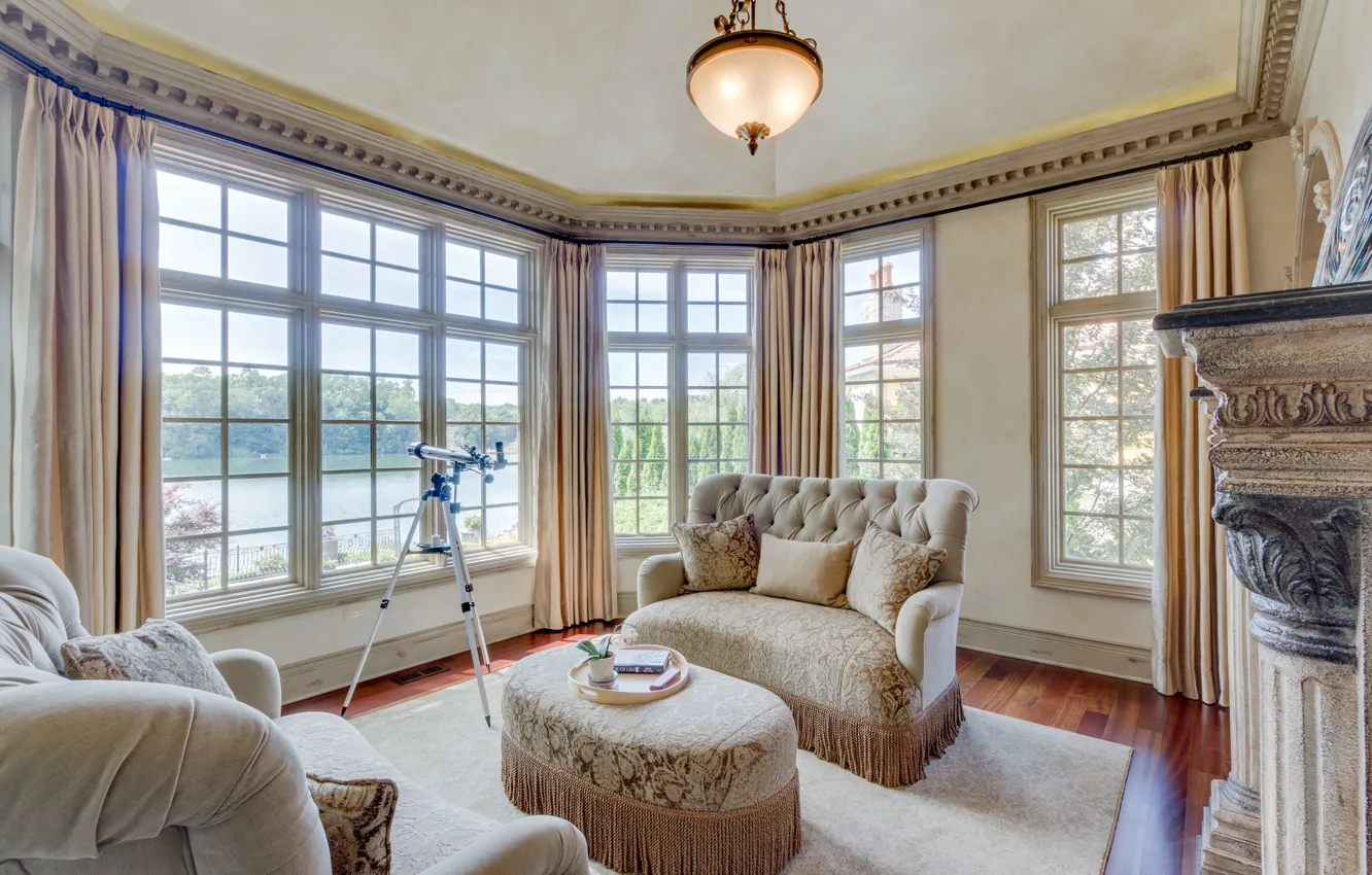 Photo wallpaper design, sofa, pillow, window, Ottoman, beige, living room