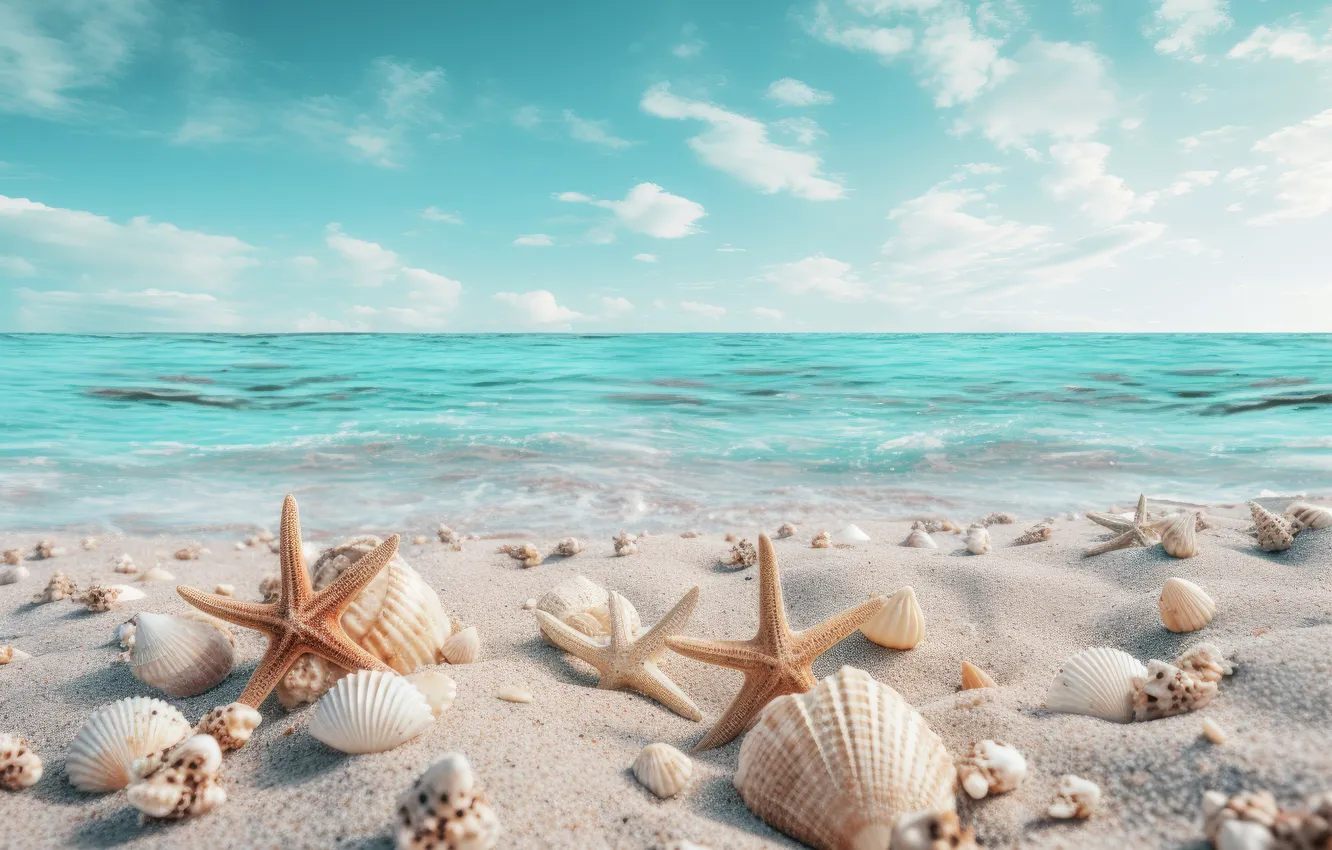 Photo wallpaper sea, beach, shore, shell, starfish, seashells, seashell, AI art