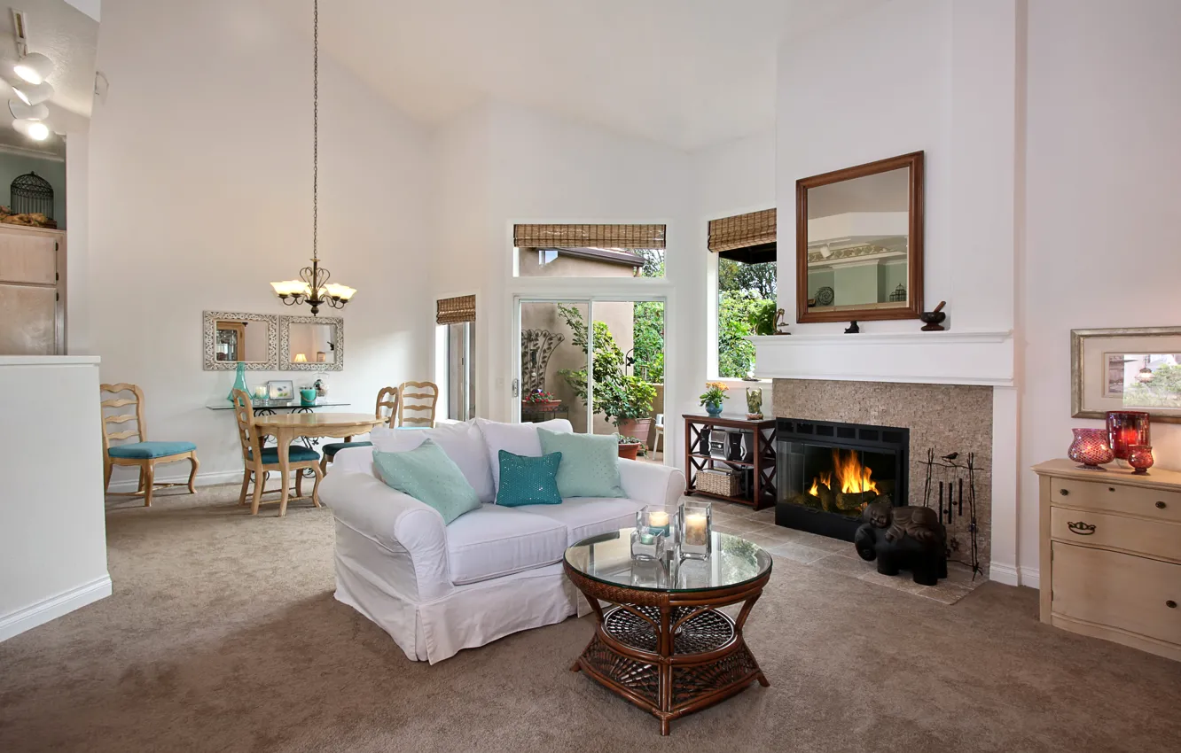 Photo wallpaper design, photo, table, sofa, interior, chandelier, fireplace, living room