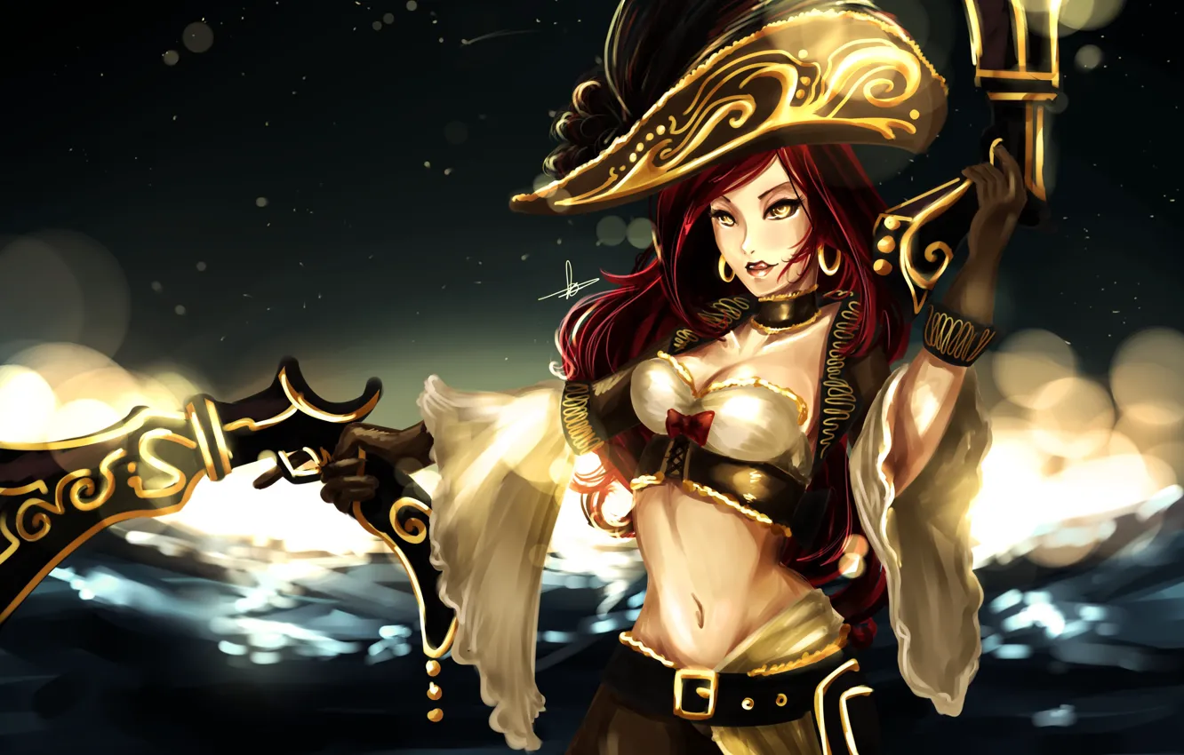 Photo wallpaper sea, girl, weapons, guns, hat, league of legends, miss fortune