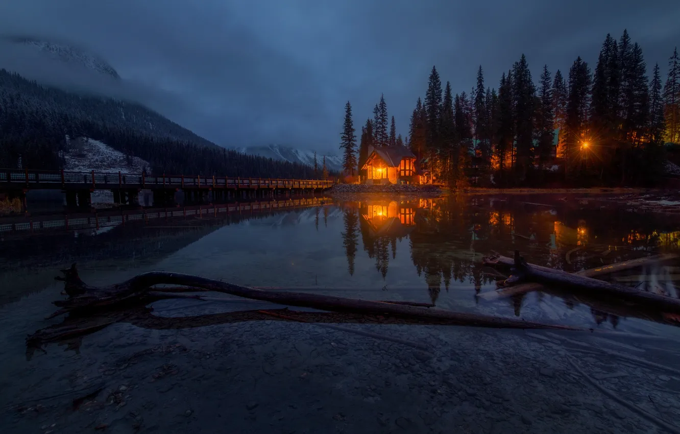 Photo wallpaper forest, light, mountains, night, bridge, lights, lake, shore