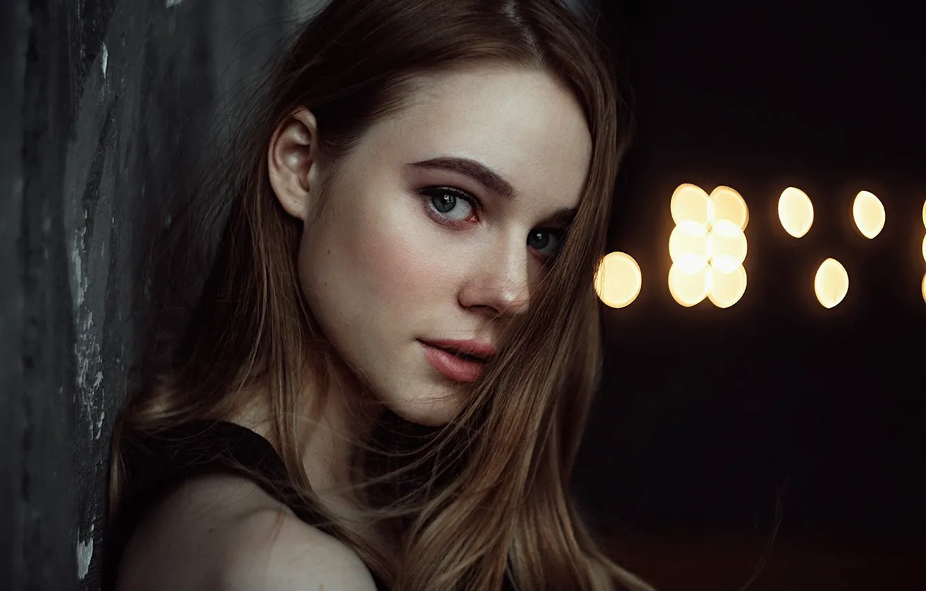 Photo wallpaper girl, long hair, brown hair, photo, blue eyes, model, bokeh, lips