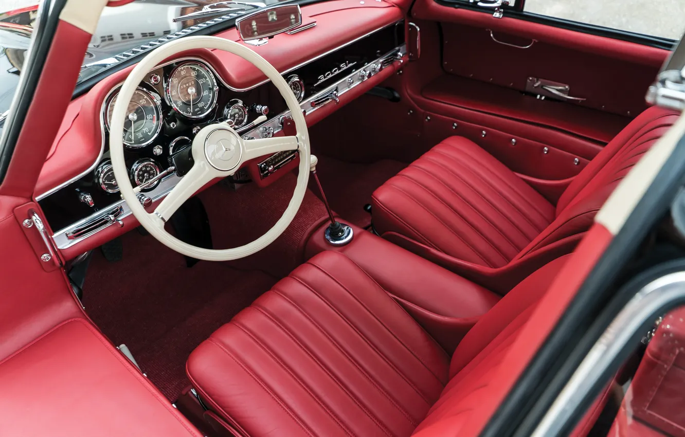 Photo wallpaper Mercedes-Benz, red, white, 300SL, Mercedes-Benz 300 SL, Gullwing, car interior