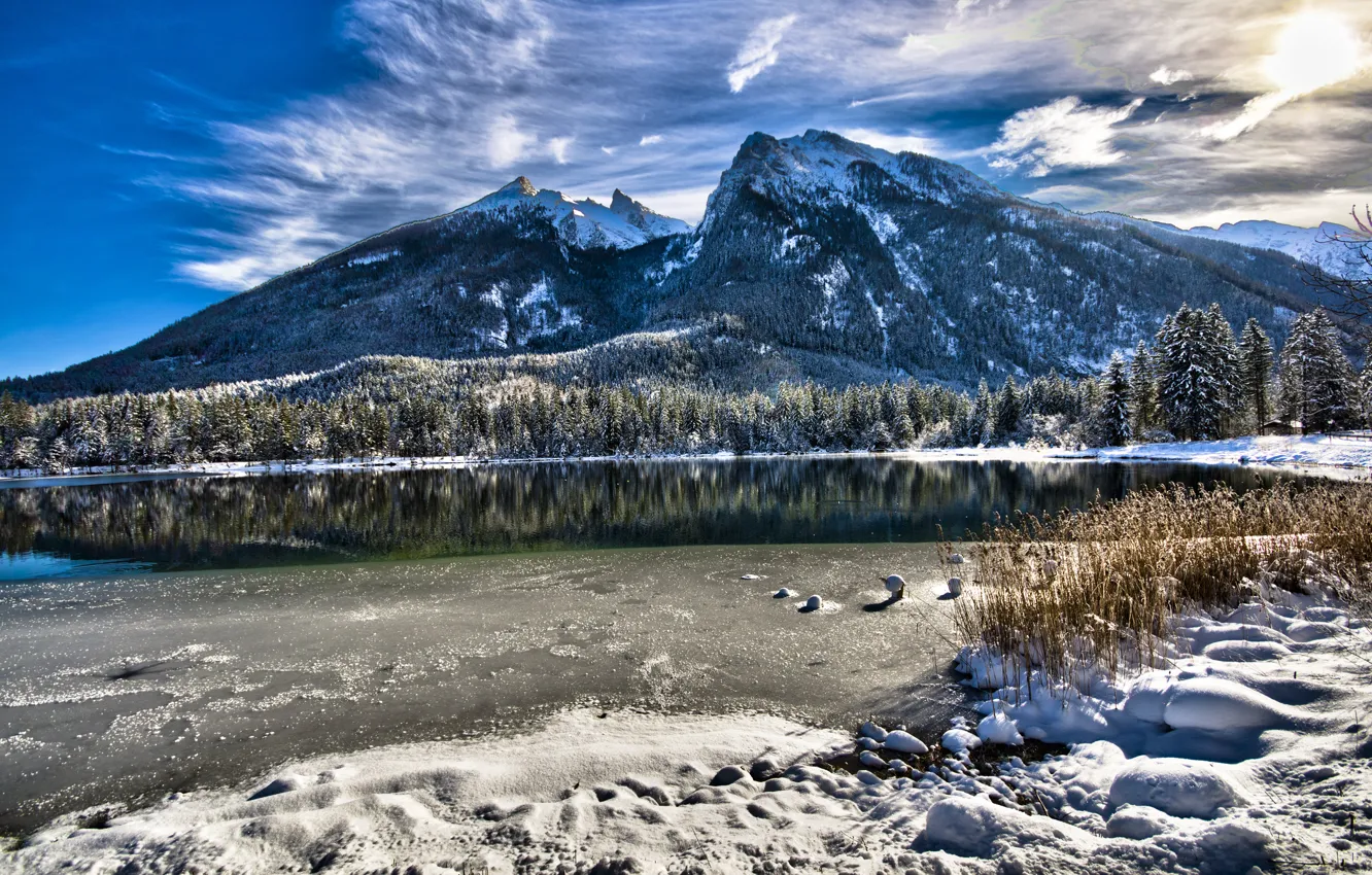 Photo wallpaper winter, the sky, grass, water, the sun, clouds, snow, mountains
