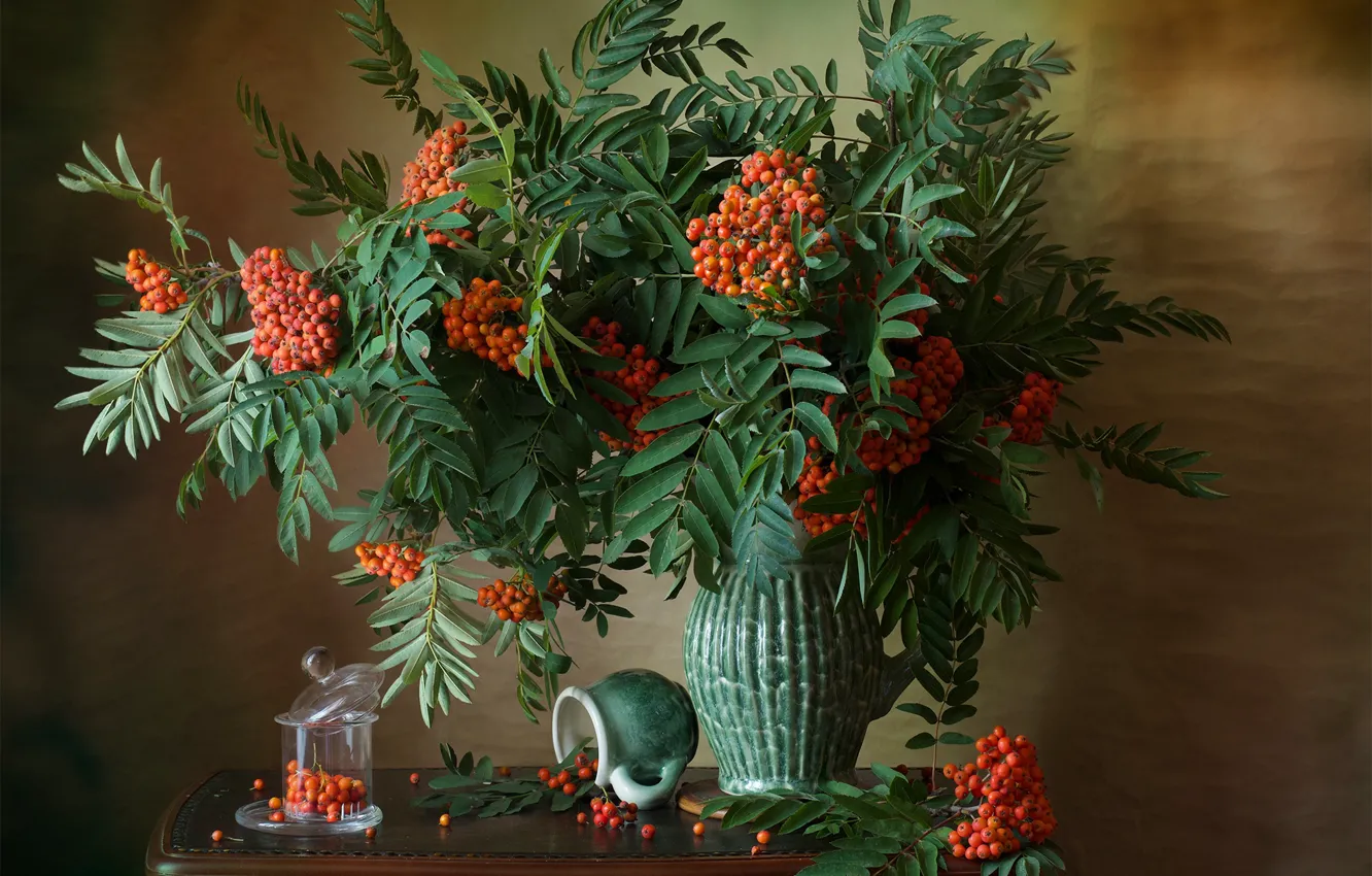 Photo wallpaper autumn, nature, berries, table, wall, bouquet, Bank, pitcher