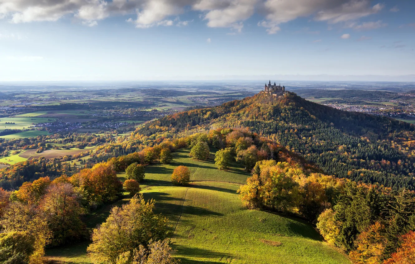 Photo wallpaper field, autumn, clouds, light, landscape, mountains, orange, yellow