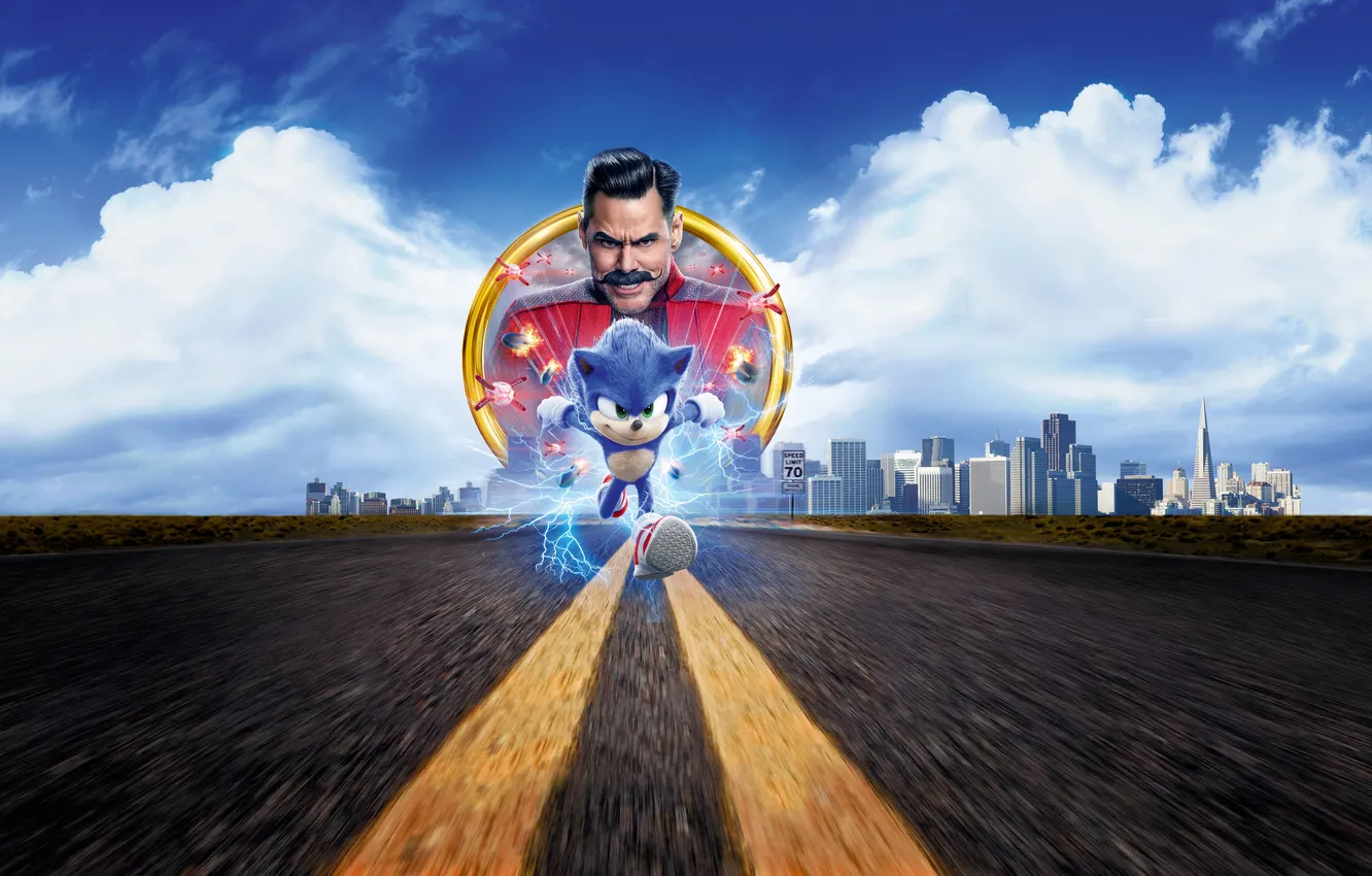Photo wallpaper Sonic, poster, Jim Carrey, Sonic the Hedgehog, Sonic, cartoon, fiction, Jim Carrey