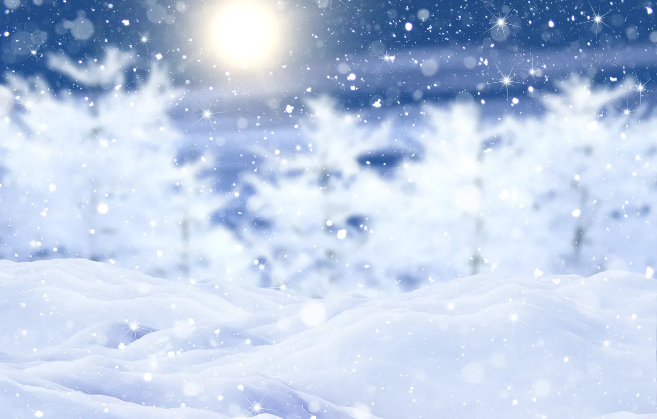 Photo wallpaper winter, forest, the sun, light, snow, snowflakes, blur, texture