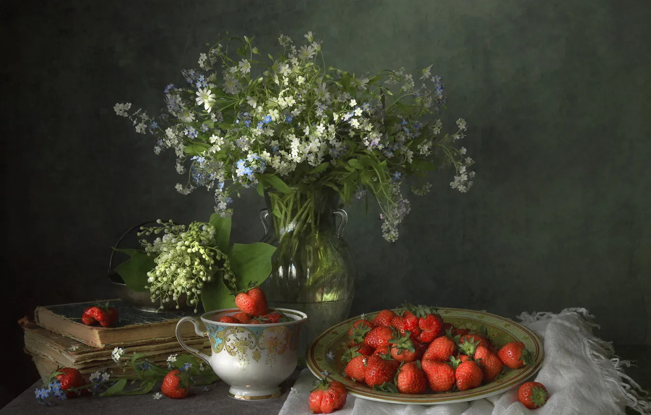 Photo wallpaper flowers, berries, table, food, bouquet, strawberry, plate, Cup