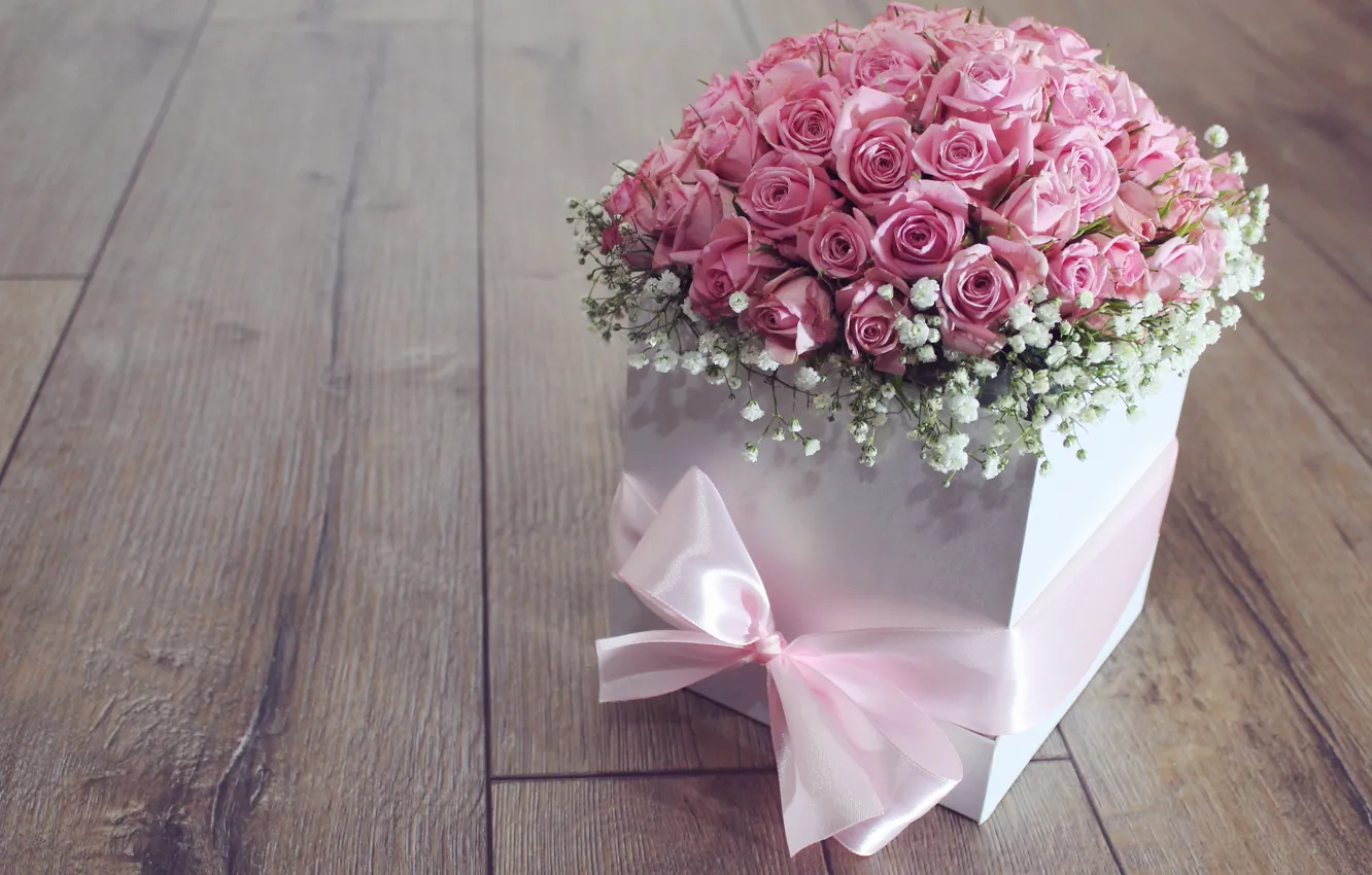 Photo wallpaper flowers, box, roses, bouquet, pink, bow