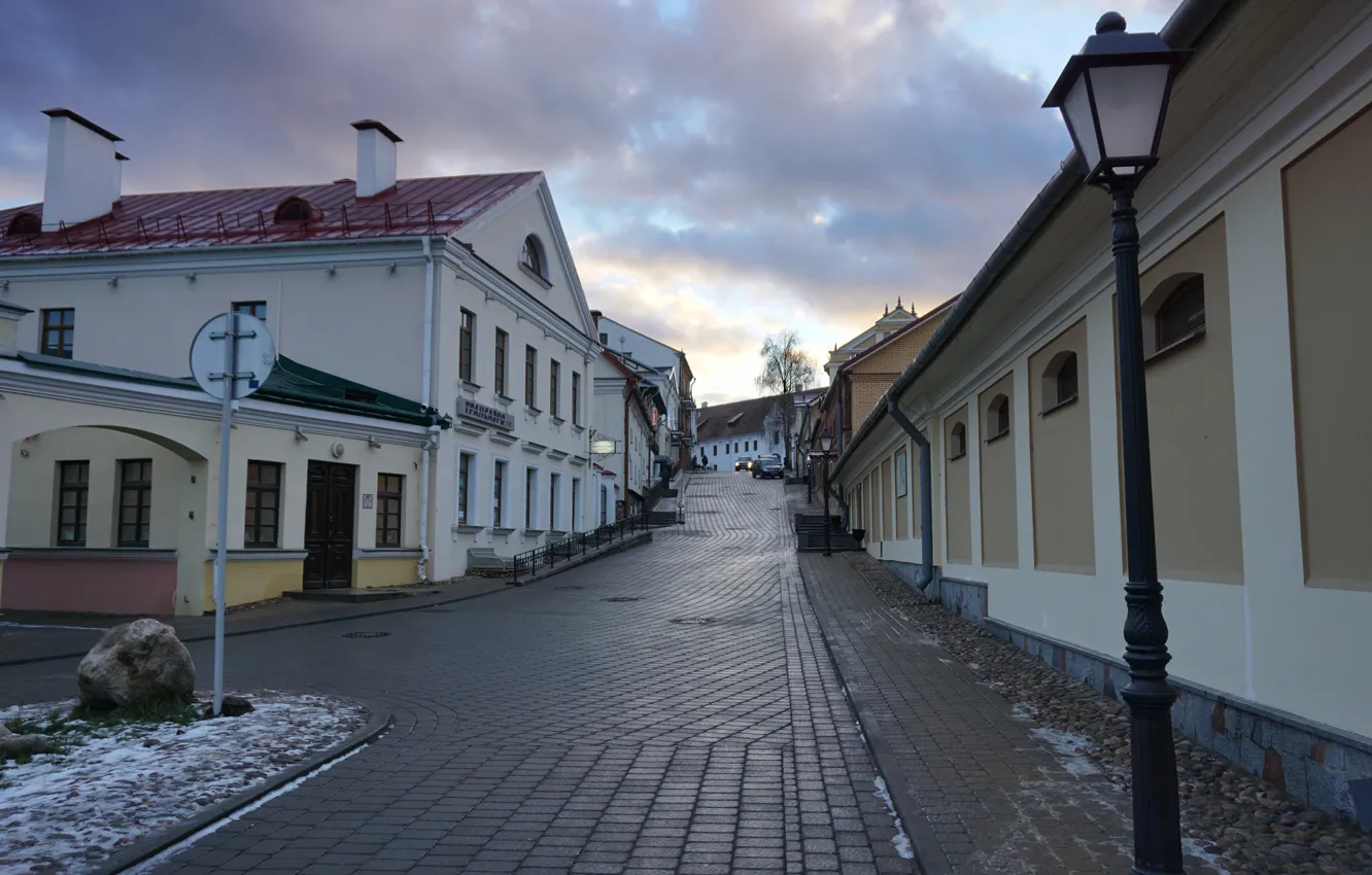 Photo wallpaper road, street, building, lights, road, street, Belarus, town