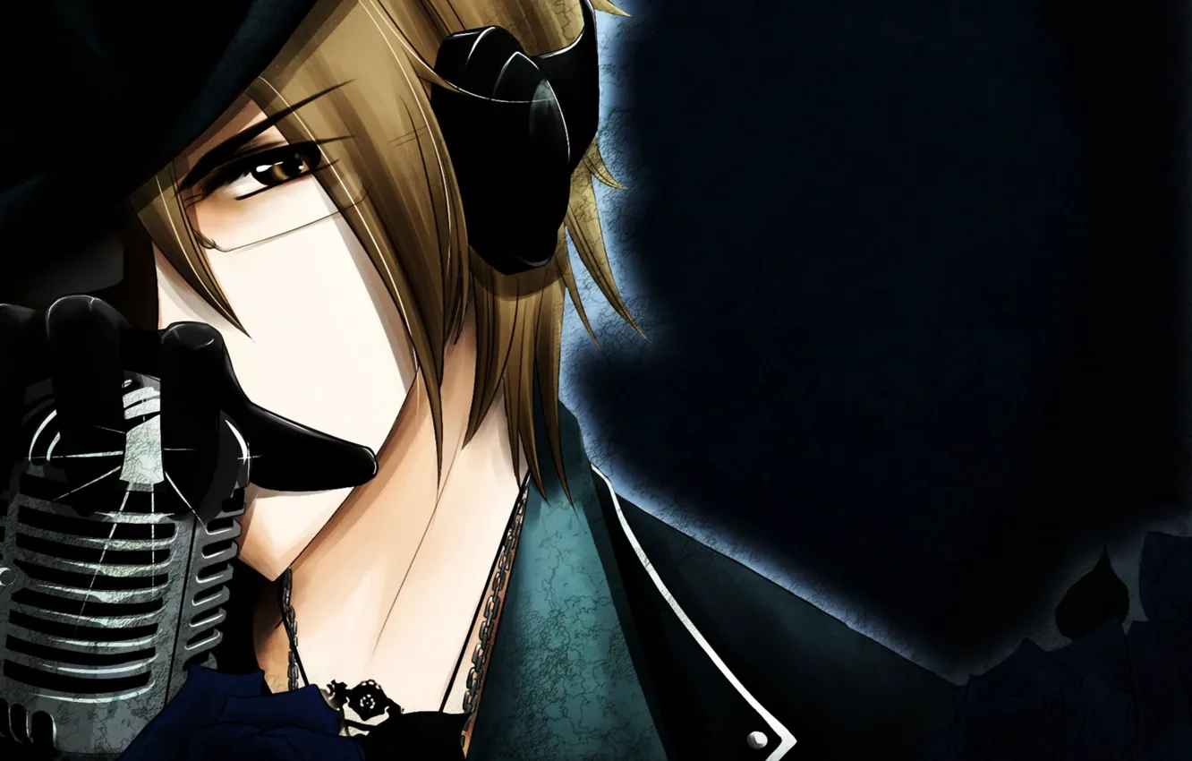 Photo wallpaper flowers, the dark background, hat, headphones, glasses, microphone, guy, vocaloid