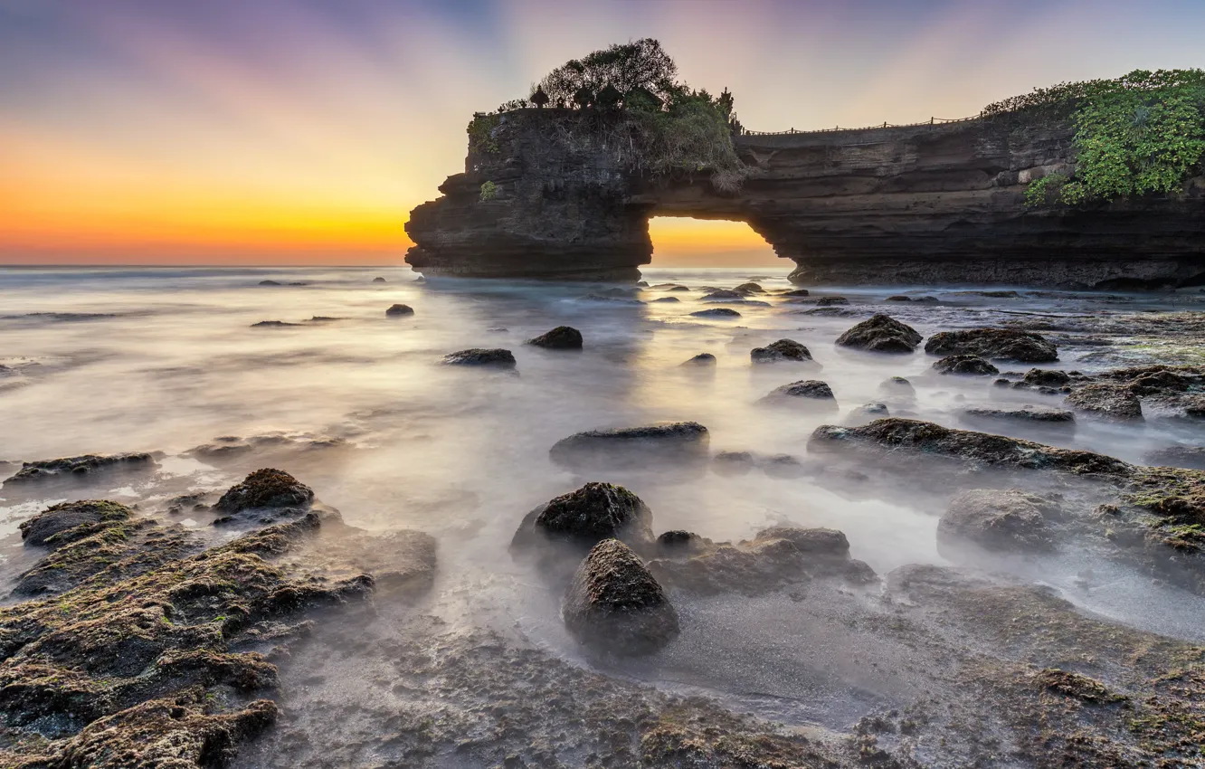 Photo wallpaper shore, coast, sunset, rocks