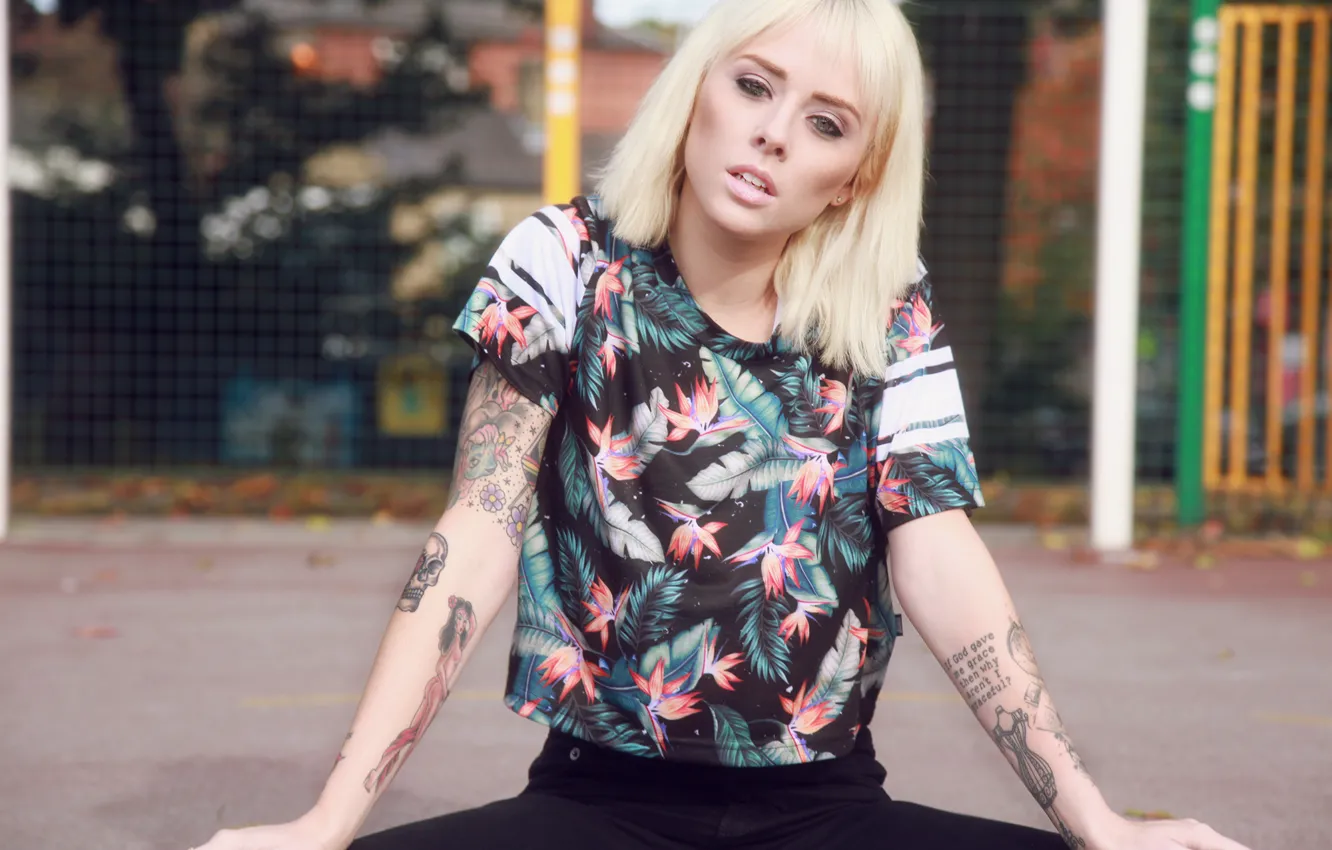 Photo wallpaper girl, woman, feathers, model, tattoo, blonde, tattoos, female