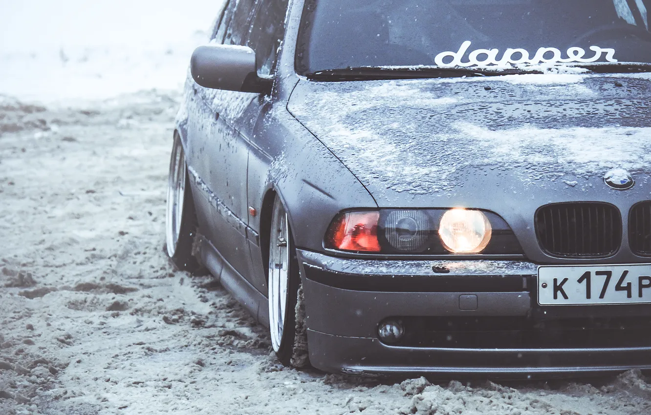 Photo wallpaper Winter, Snow, BMW, BMW, Lights, E39, Stance, Front