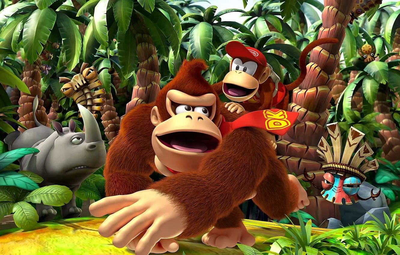 Photo wallpaper the game, mask, monkey, Rhino, Donkey Kong Country Returns