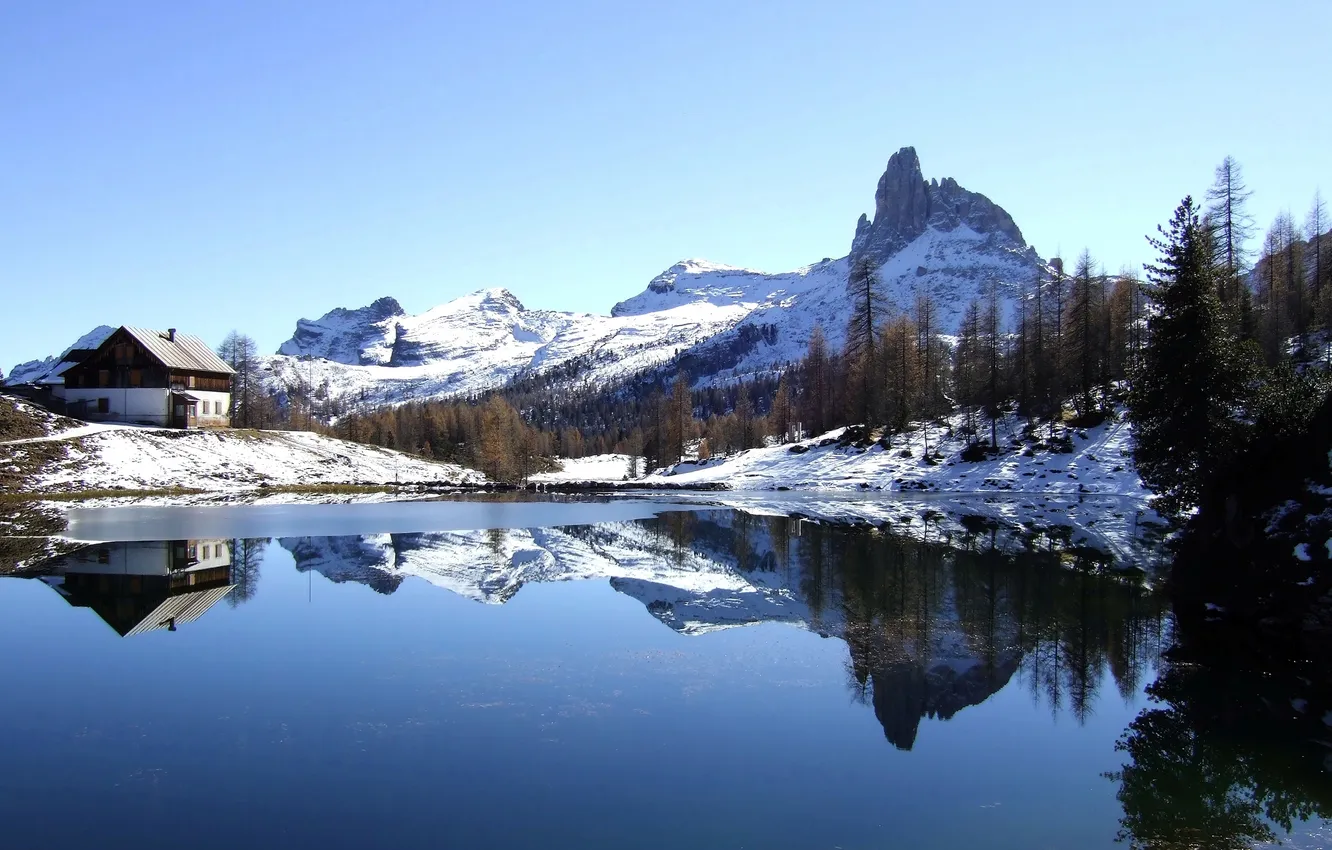 Photo wallpaper winter, snow, mountains, lake, Italy, Italy, Dolomites, Lake Federa