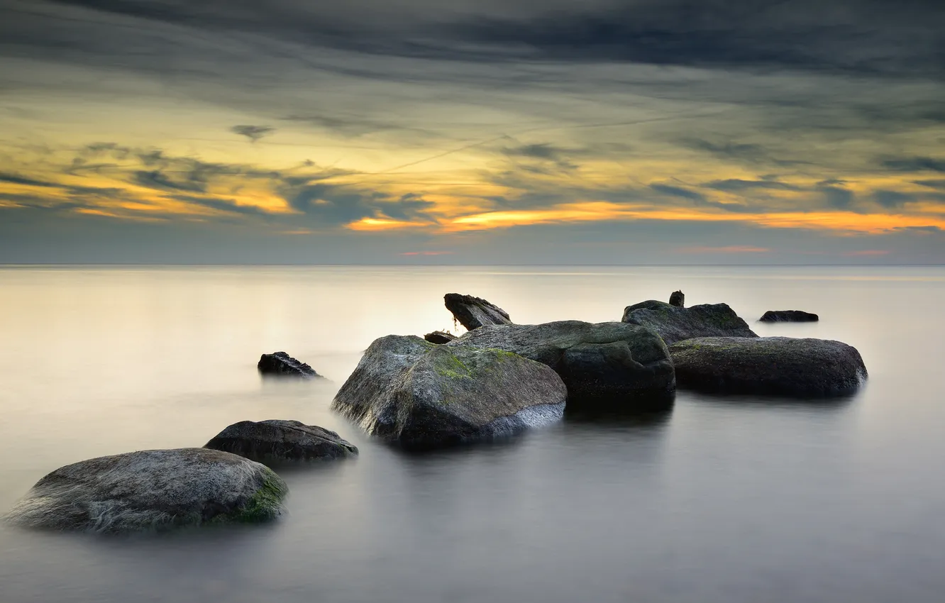 Photo wallpaper sea, the sky, clouds, sunset, stones