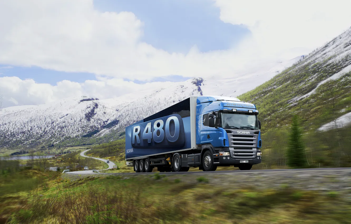 Photo wallpaper Nature, Road, Mountains, Truck, Truck, Scania, Tractor, Scania