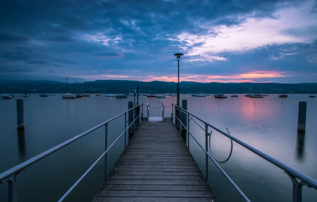Photo wallpaper the sky, water, clouds, sunset, clouds, lake, the evening, yacht