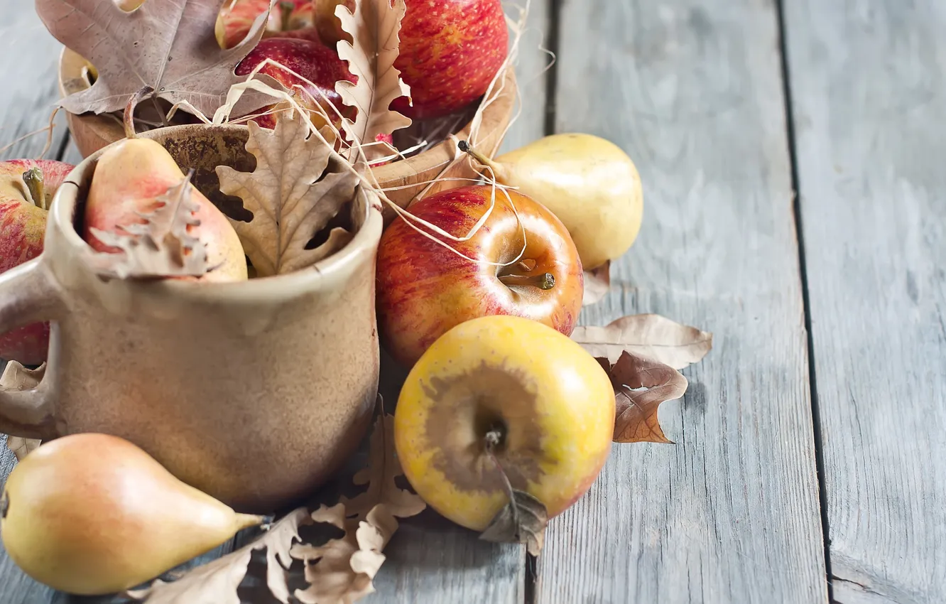 Photo wallpaper leaves, apples, pear