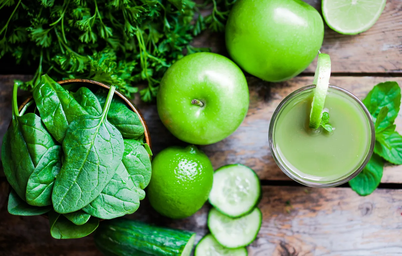 Photo wallpaper greens, apples, juice, lime, cucumbers