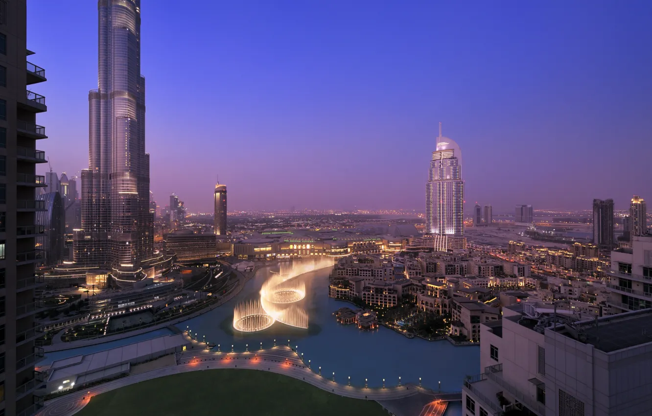 Photo wallpaper city, home, the evening, Dubai, Dubai, skyscrapers, panorama., naght