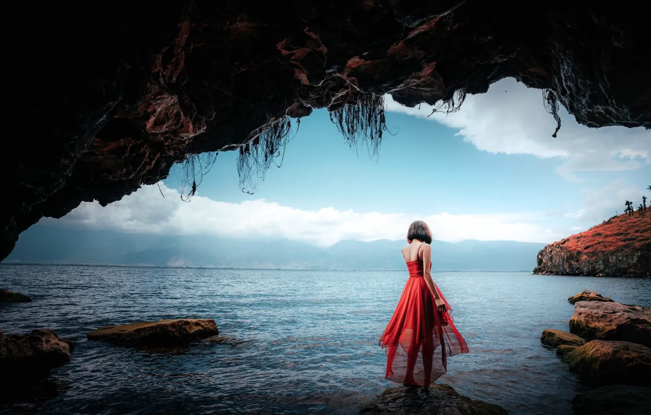 Photo wallpaper sea, the sky, girl, clouds, fog, stones, rocks, shore