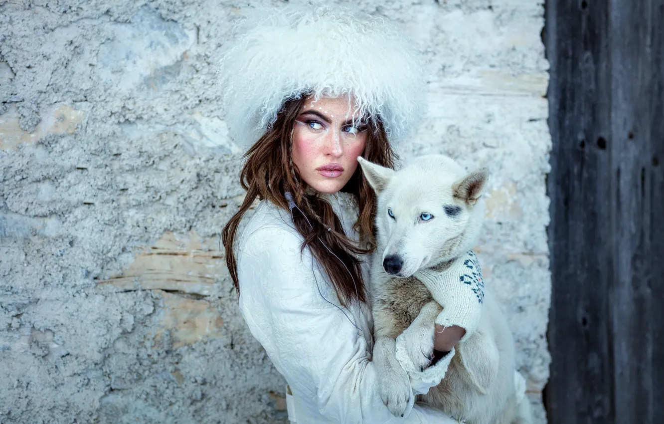 Photo wallpaper girl, wall, dog