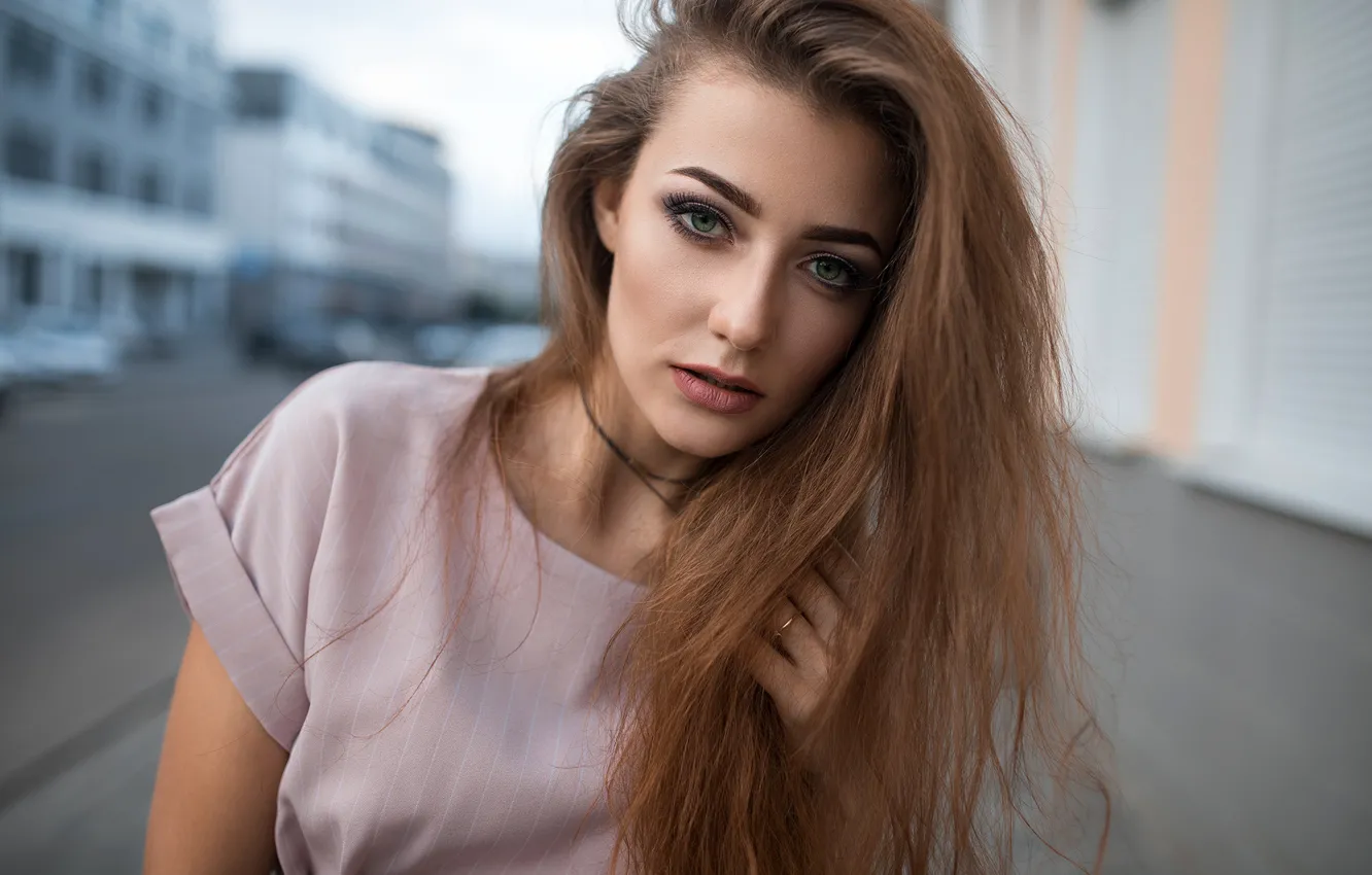 Photo wallpaper look, background, street, portrait, makeup, hairstyle, brown hair, beauty