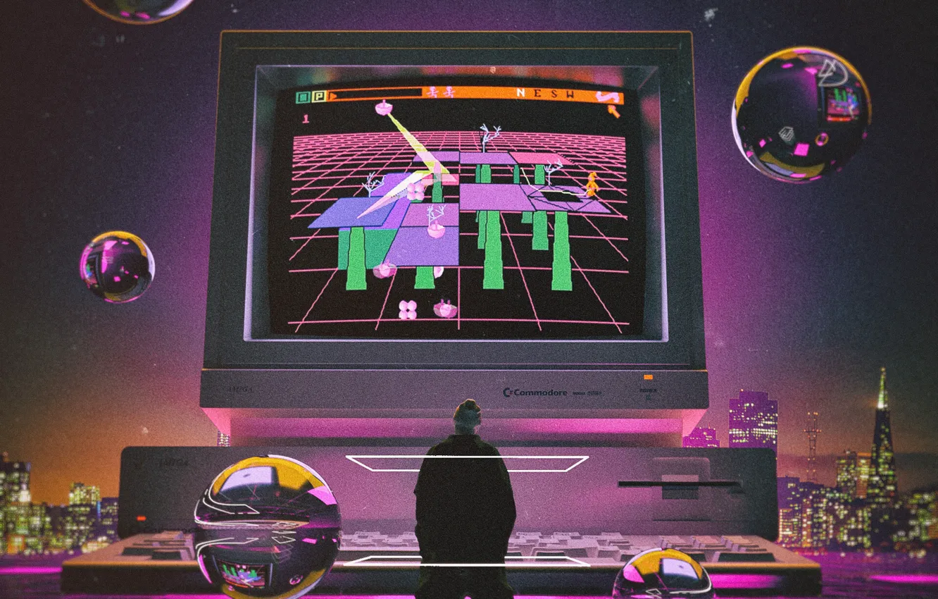 Photo wallpaper Computer, Style, Monitor, Fantasy, 80s, Render, Style, Neon