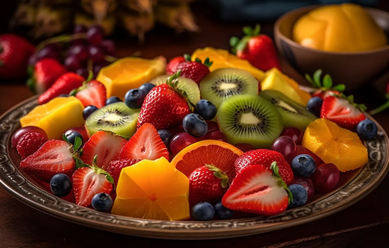 Photo wallpaper berries, raspberry, table, food, kiwi, blueberries, strawberry, citrus