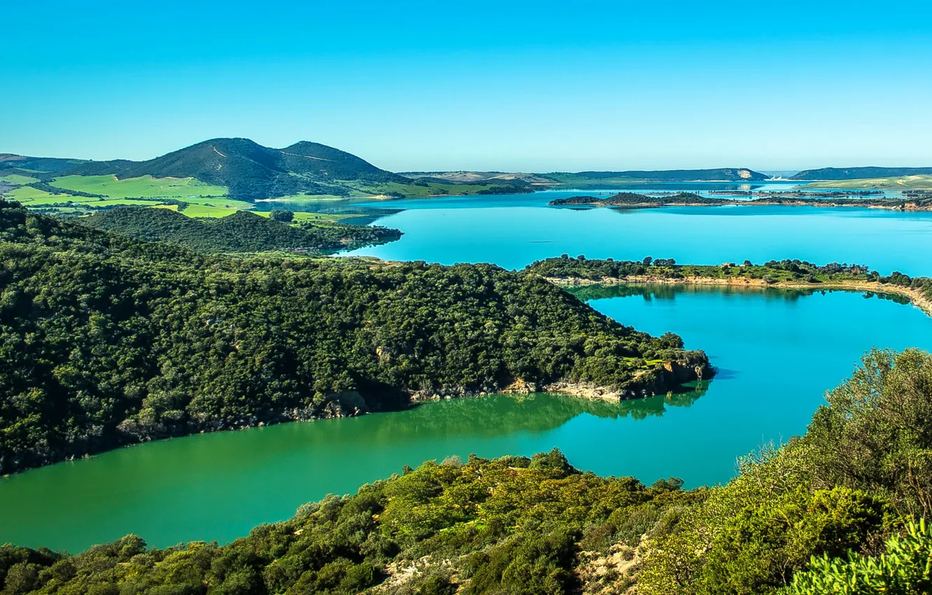 Photo wallpaper lake, hills, field, Spain, Andalusia, Algar