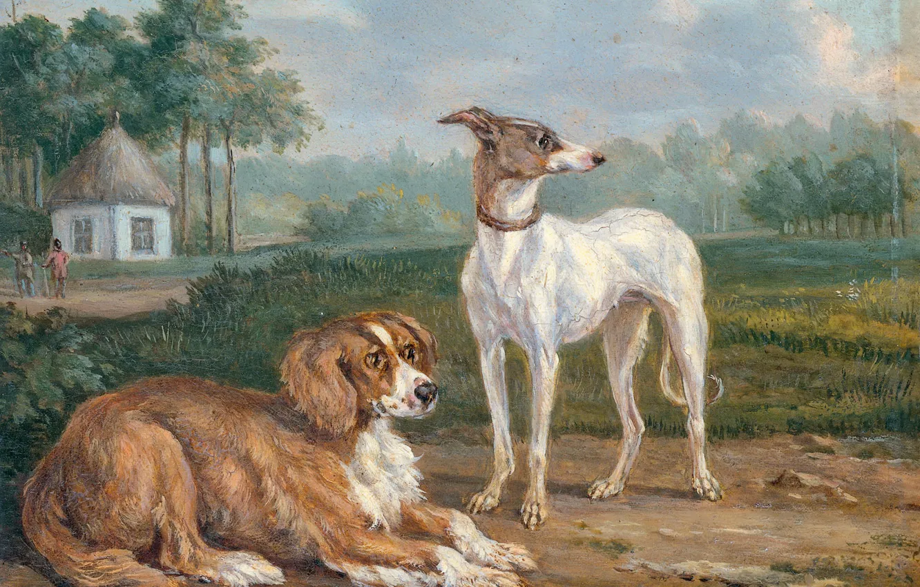 Photo wallpaper animals, oil, picture, 1855, Jan Dasveldt, Two dogs