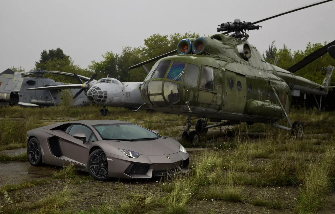 Photo wallpaper Lamborghini, Lamborghini, Helicopter, Supercar, Grey, LP700-4, Aventador, Aventador