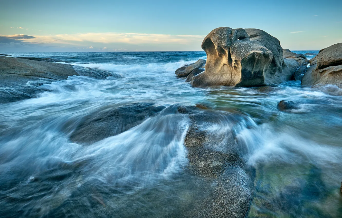 Photo wallpaper sea, wave, the sky, clouds, stones, surf