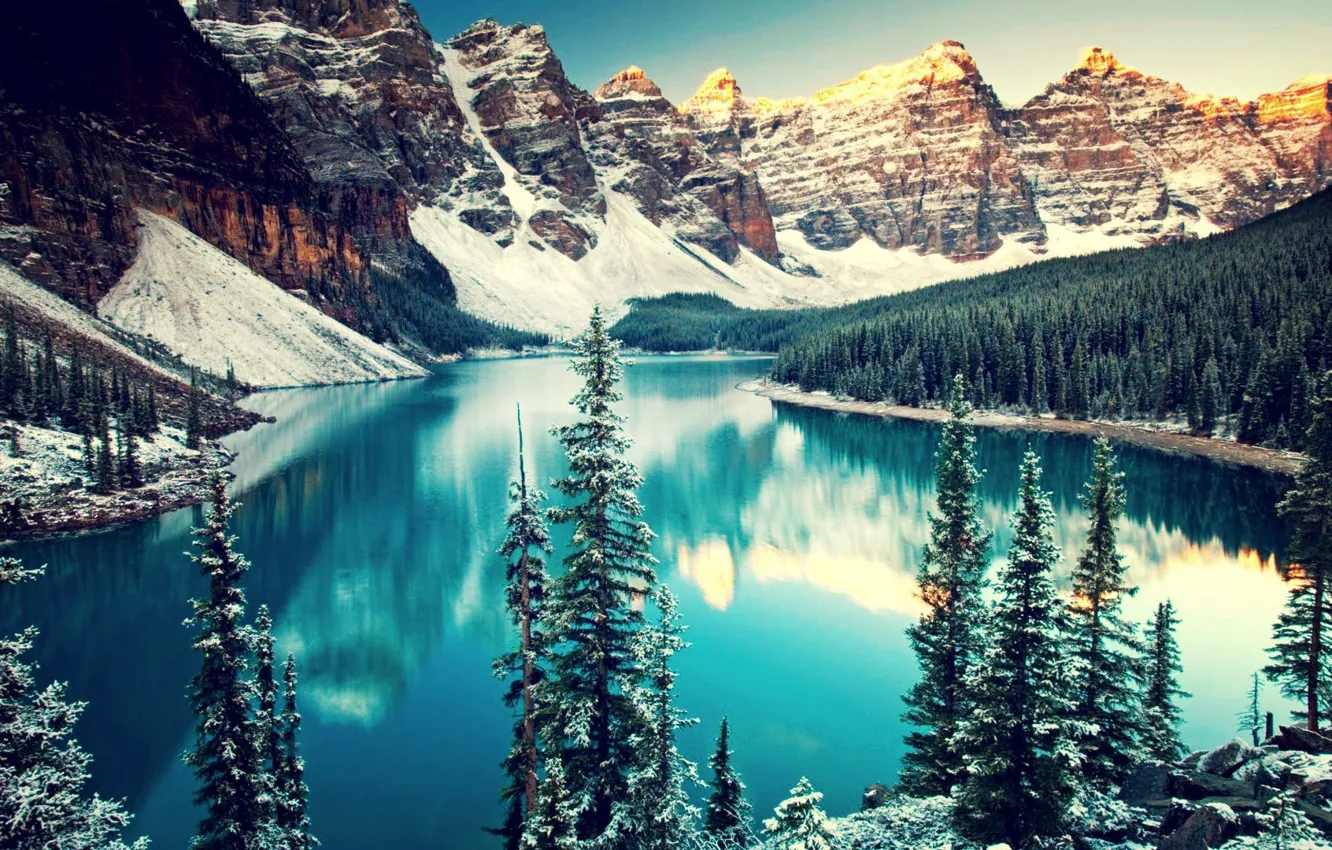 Photo wallpaper water, landscape, mountains, lake, trees, nature, winter, mountains