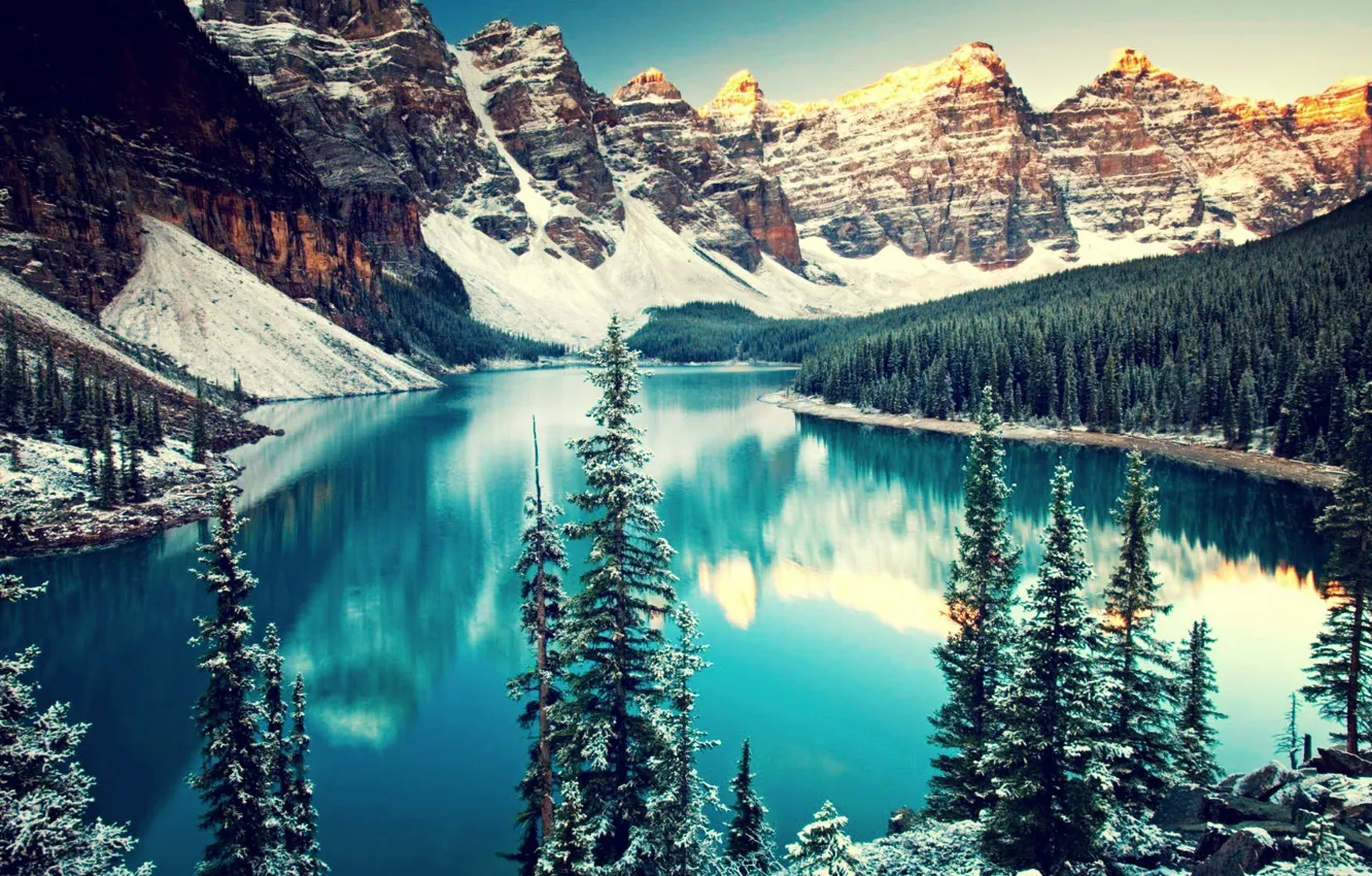 Photo wallpaper water, landscape, mountains, lake, Canada, trees, nature, winter
