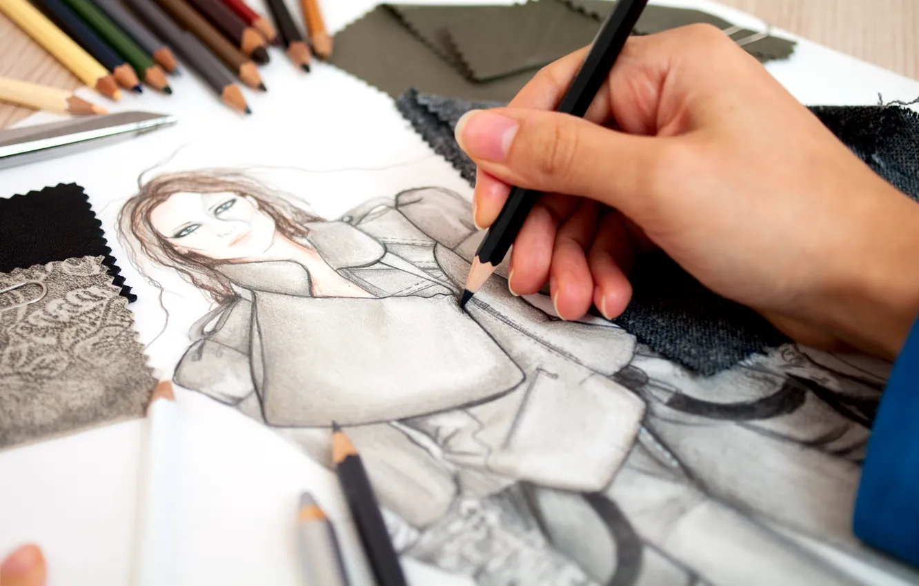 Photo wallpaper figure, hand, pencils, fabric