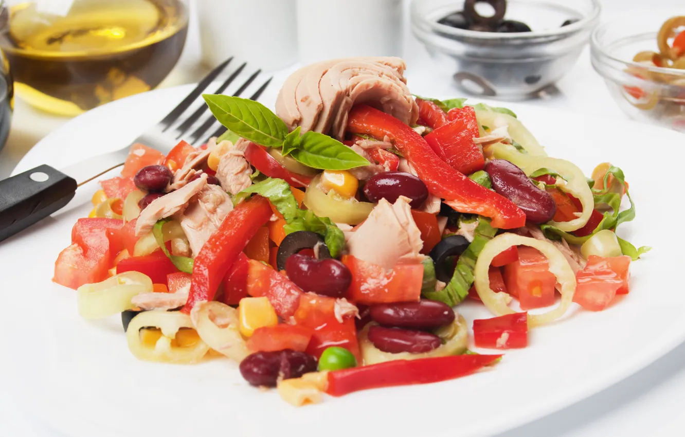 Photo wallpaper pepper, vegetables, salad, tuna, beans, Basil