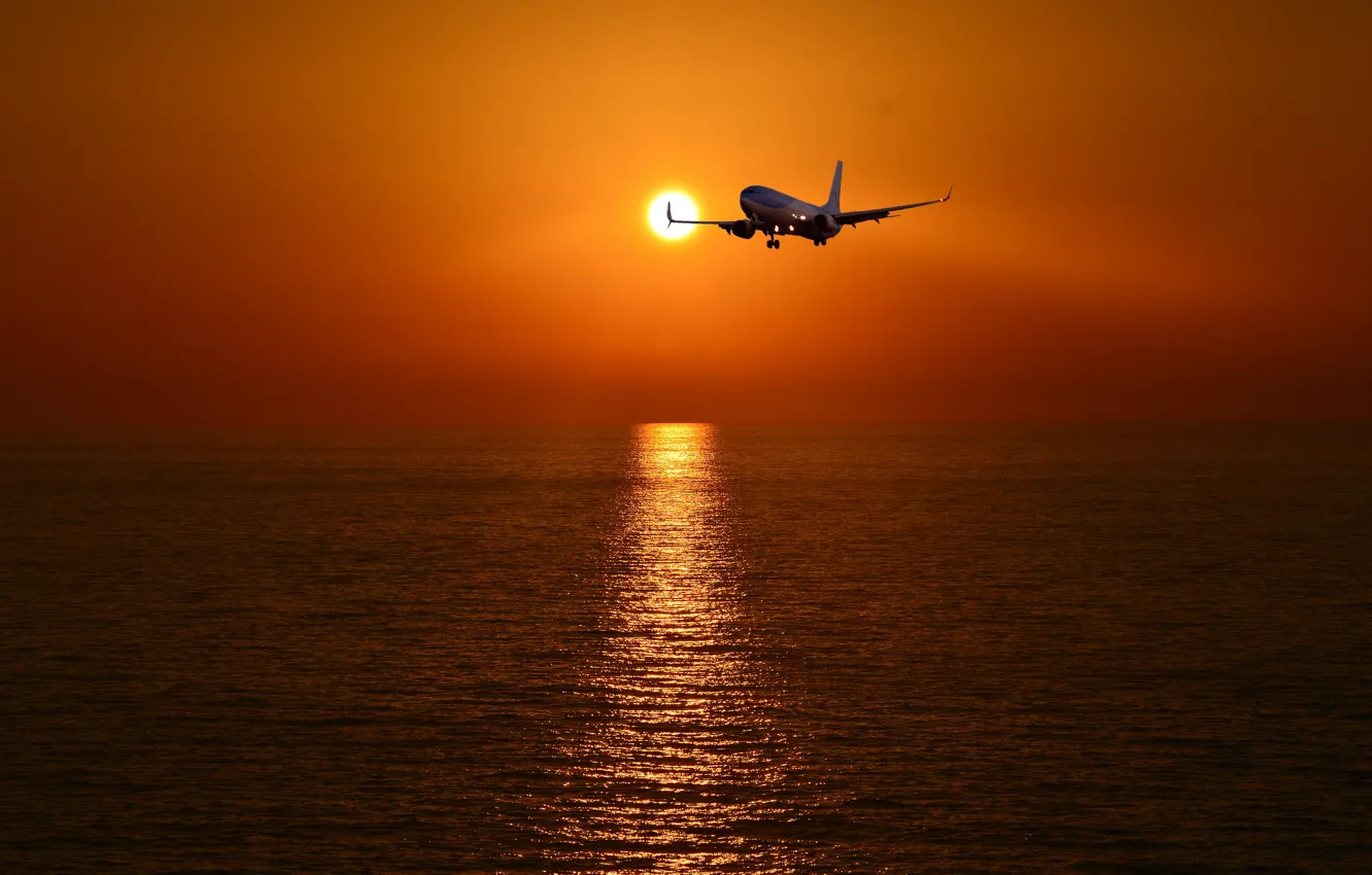 Photo wallpaper sea, sunset, the plane