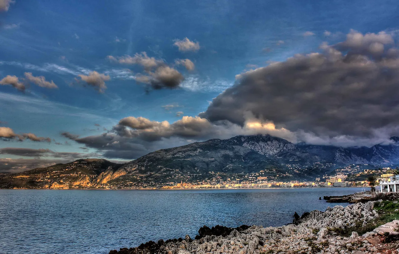 Photo wallpaper clouds, mountains, blue, shore