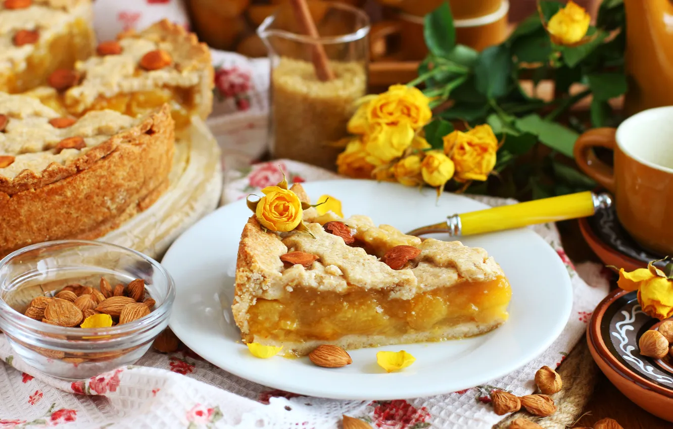 Photo wallpaper roses, almonds, apricots, tart