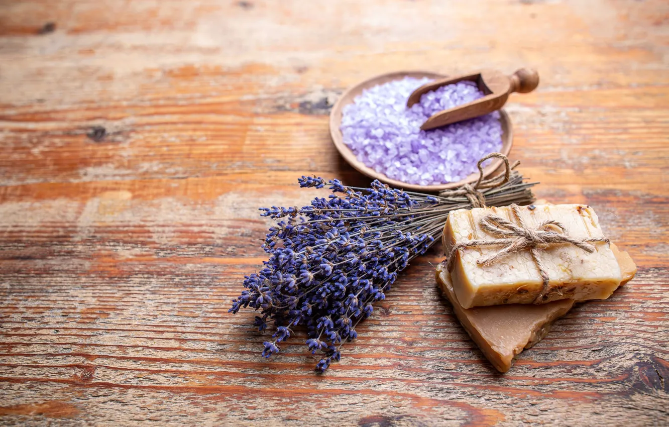 Photo wallpaper flowers, Board, soap, bowl, bow, a bunch, lavender, composition