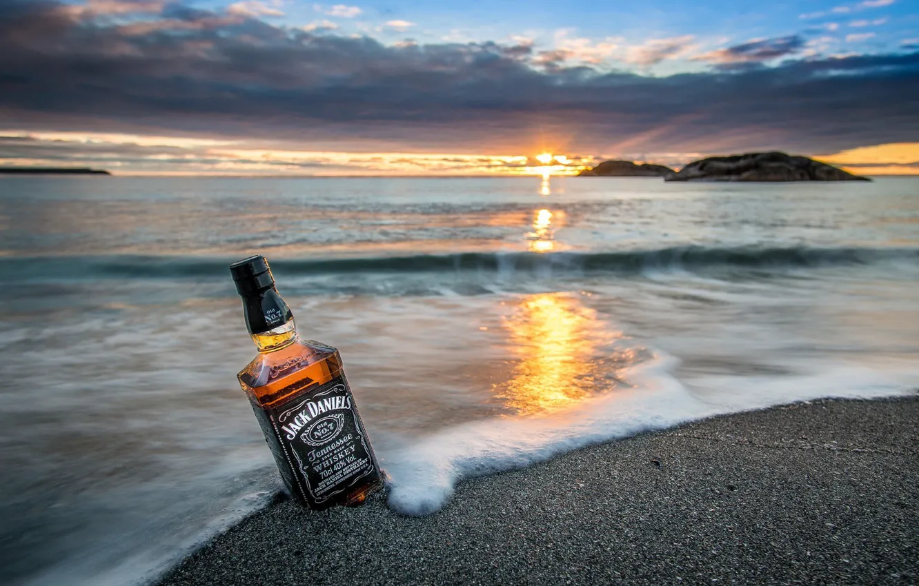Photo wallpaper sand, sea, the sun, sunset, whiskey, Jack Daniels