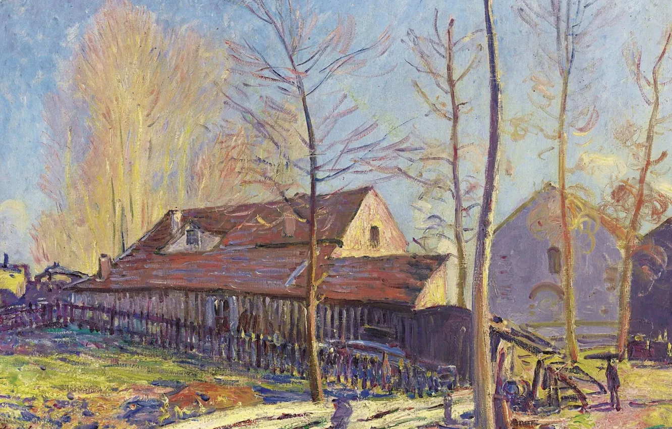 Photo wallpaper landscape, picture, Alfred Sisley, Alfred Sisley, The mills of Moret-sur-Luena. Frost. Evening Effect