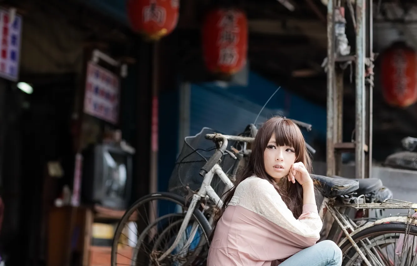 Photo wallpaper girl, bike, street, Asian